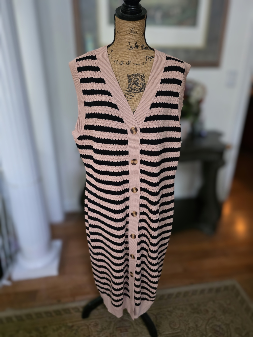 BTFBM Sleeveless Striped Button-Front Cardigan Vest Dress - Pink & Black